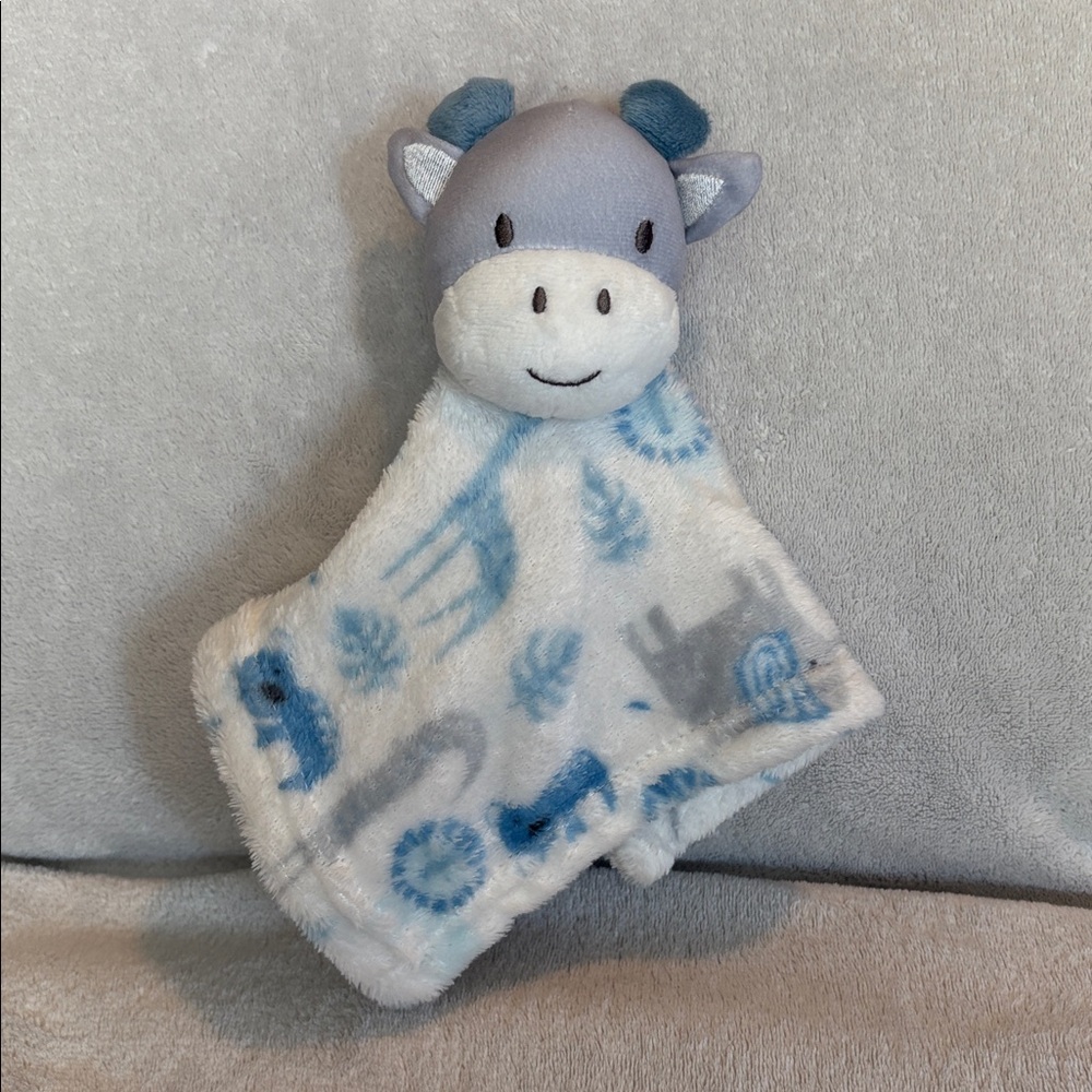 Cute Baby Cow plush lovey Security Blanket White Blue Grey animal design 11”X11”